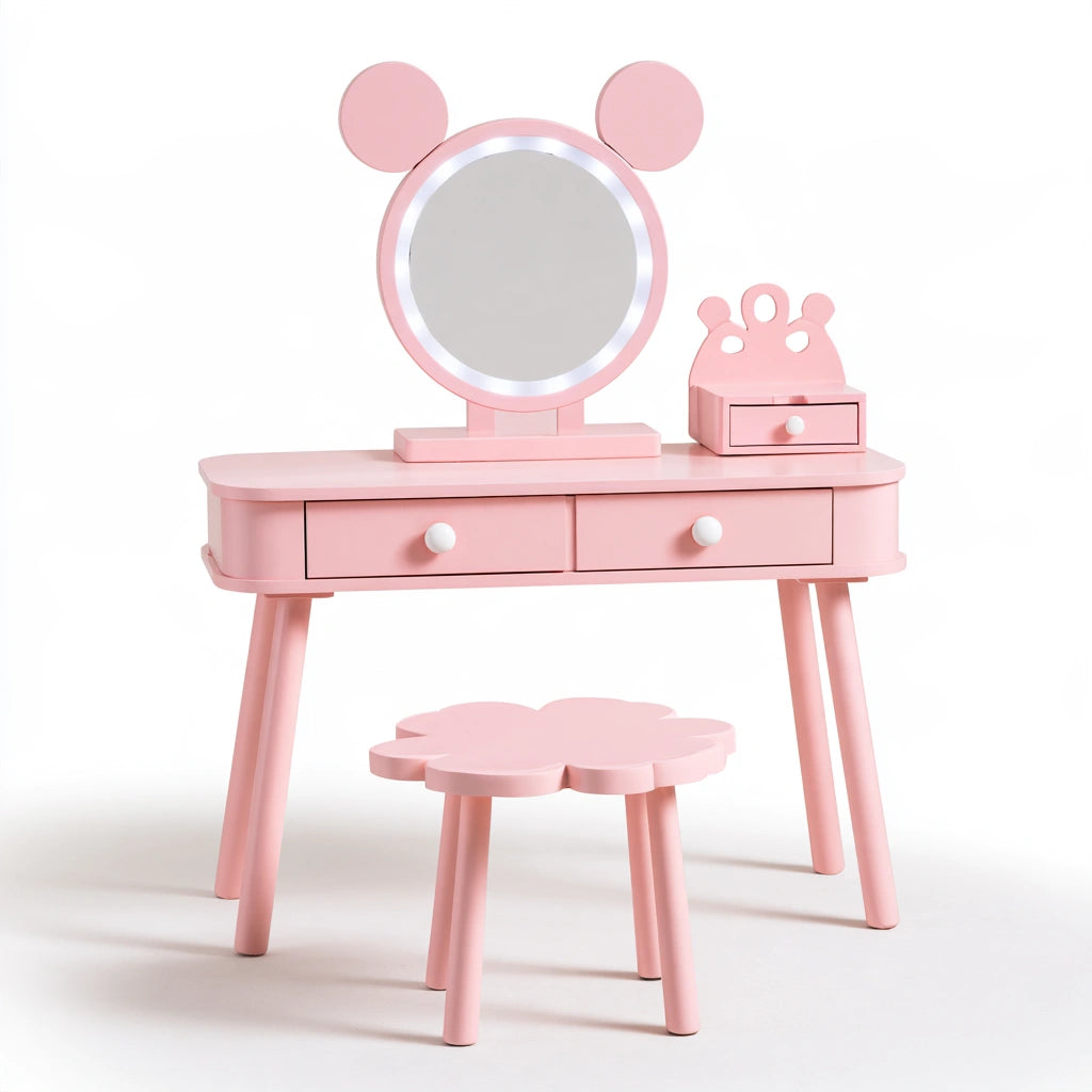 Coiffeuse avec siège en bois, coloris rose