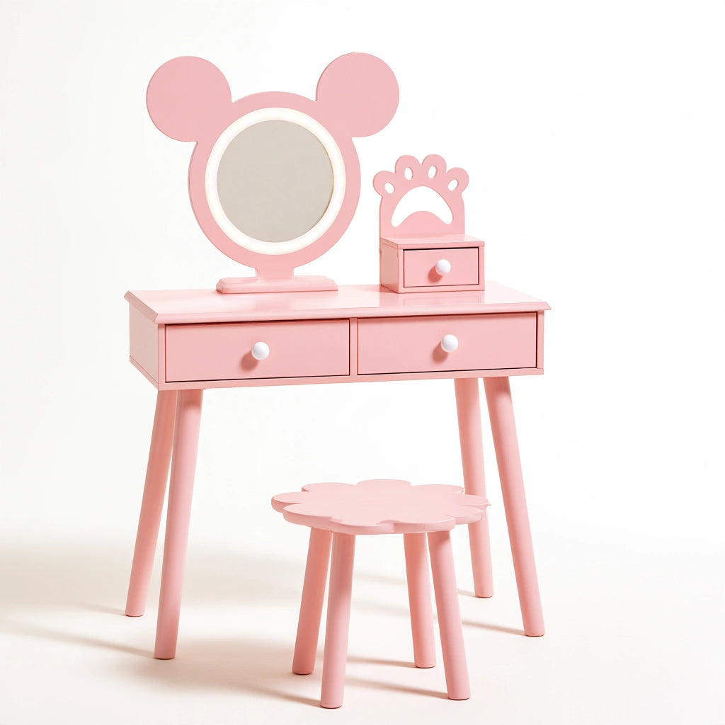 Coiffeuse avec siège en bois, coloris rose