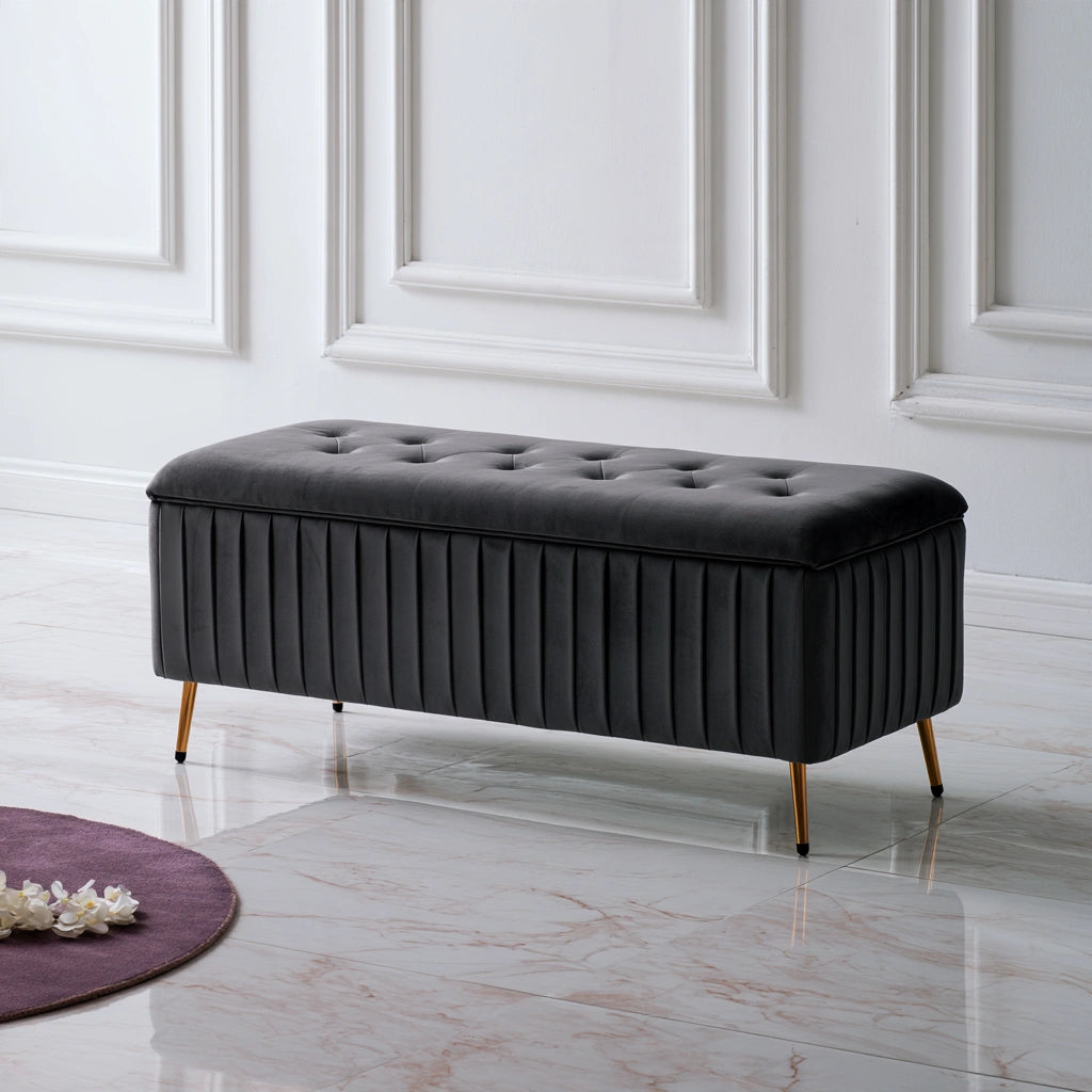 Banc coffre rembourré en velours, coloris gris foncé